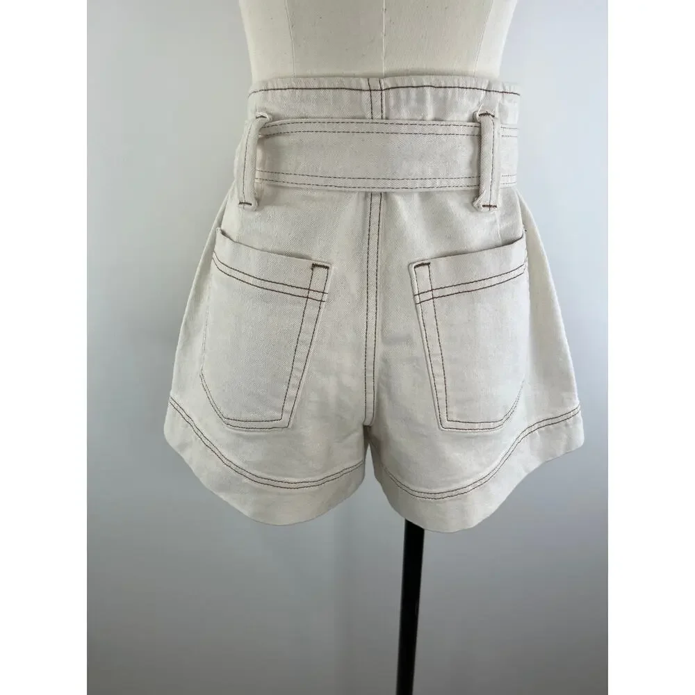 Happy x Nature Off White Tie Waist Cotton Blend Women's Stretch Shorts Size M